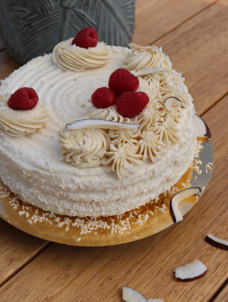 Kokos-Mousse-Torte mit luftiger Kokoscreme, zartem Biscuit-Boden, dekoriert mit Himbeeren