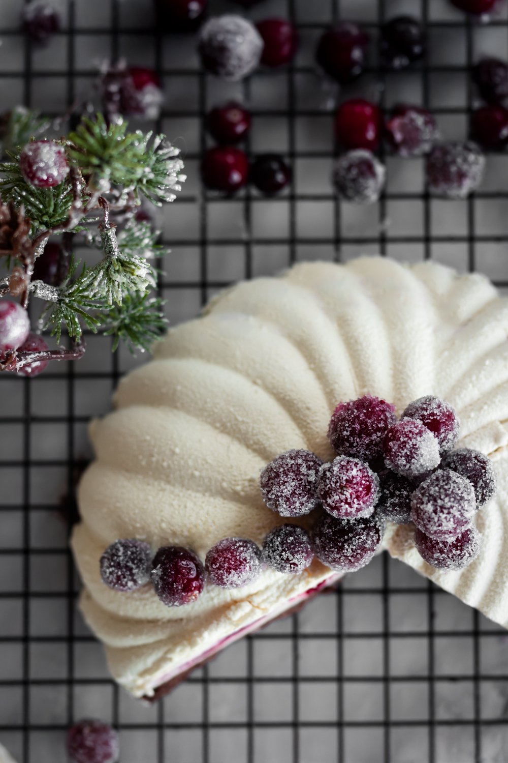 Weiße Schokoladenmousse-Torte mit Cranberry-Füllung auf Schokoladenboden, dekoriert mit kandierten Cranberrys, auf einem Gitterrost präsentiert.