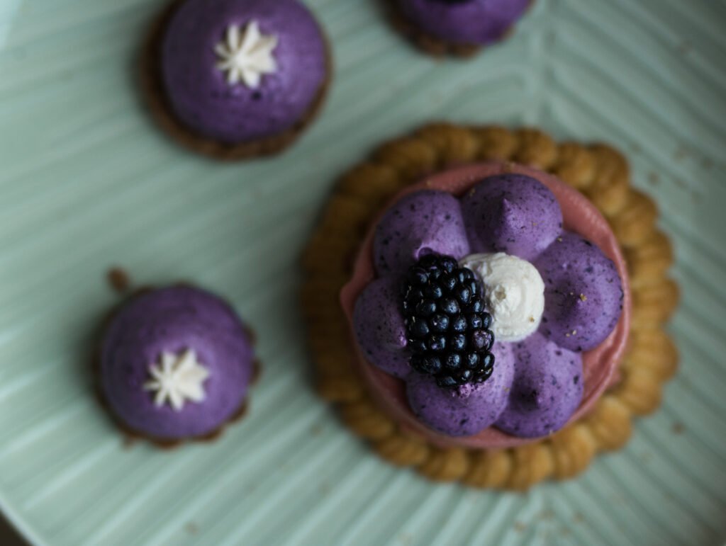 Waldbeermousse-Törtchen mit Wilder Heidelbeer-Ganache auf Tartellette und Kakao-Pâte-Sucrée-Boden